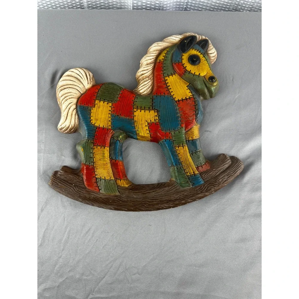 VINTAGE 1970'S Patchwork Rocking Horse & Bear Molded Foam Wall Hangings Set Of 2
